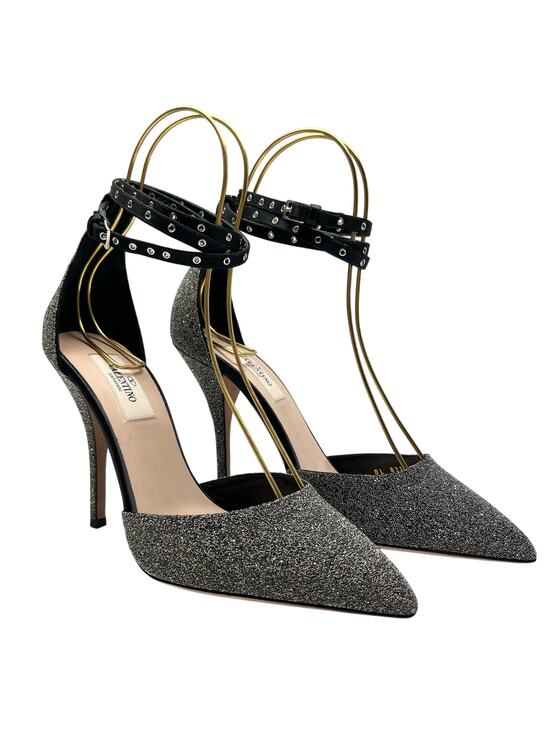 Valentino Shoes - VALENTINO GARAVANI Glitter Ankle Strap Pumps EU 38 US 8 Silver Metallic Heels